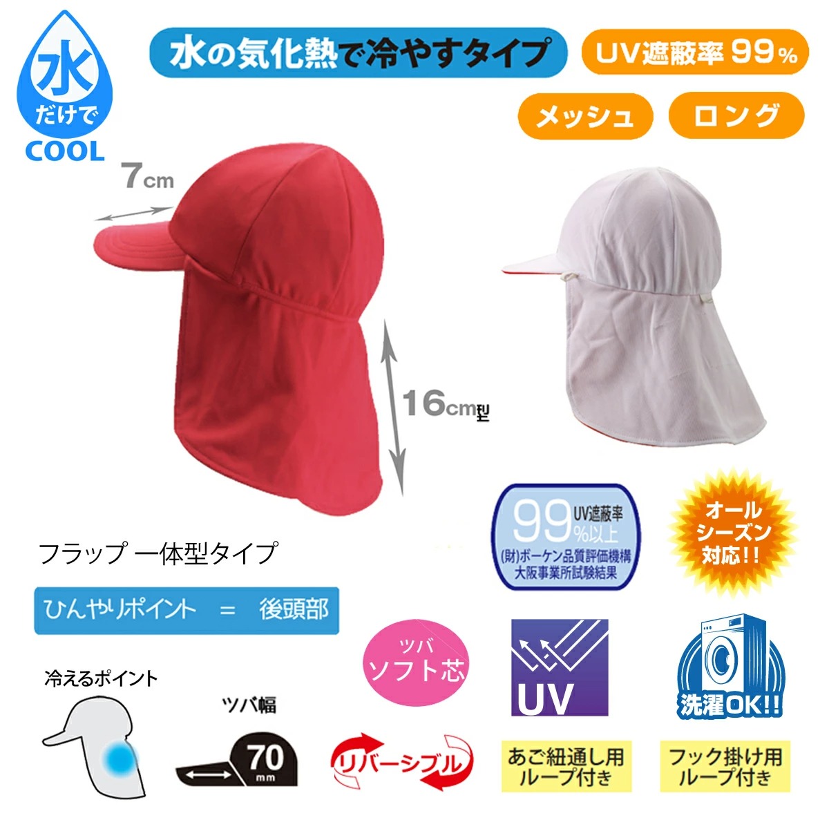 クールビットUVフラップ赤白帽子ロングタイプの仕様水の気化熱で冷やすタイプ,ひんやりポイント＝後頭部,フラップと一体型