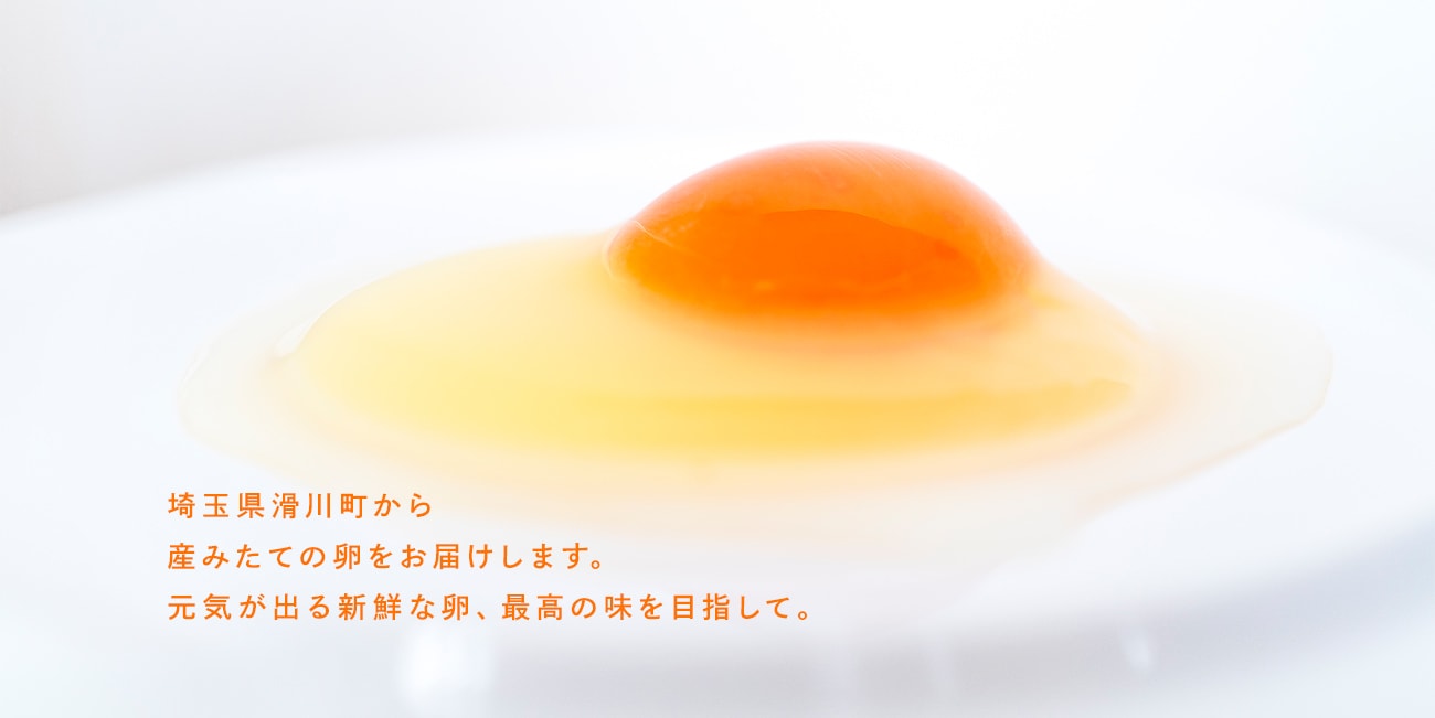 埼玉県滑川町から
産みたての卵をお届けします。
元気が出る新鮮な卵、最高の味を目指して。