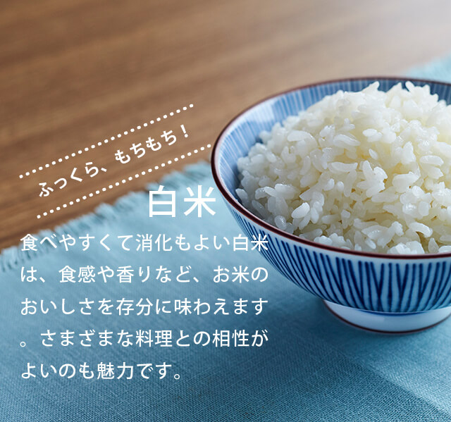 ふっくら、もちもち！「白米」食べやすくて消化もよい白米は、食感や香りなど、お米のおいしさを存分に味わえます。さまざまな料理との相性がよいのも魅力です。