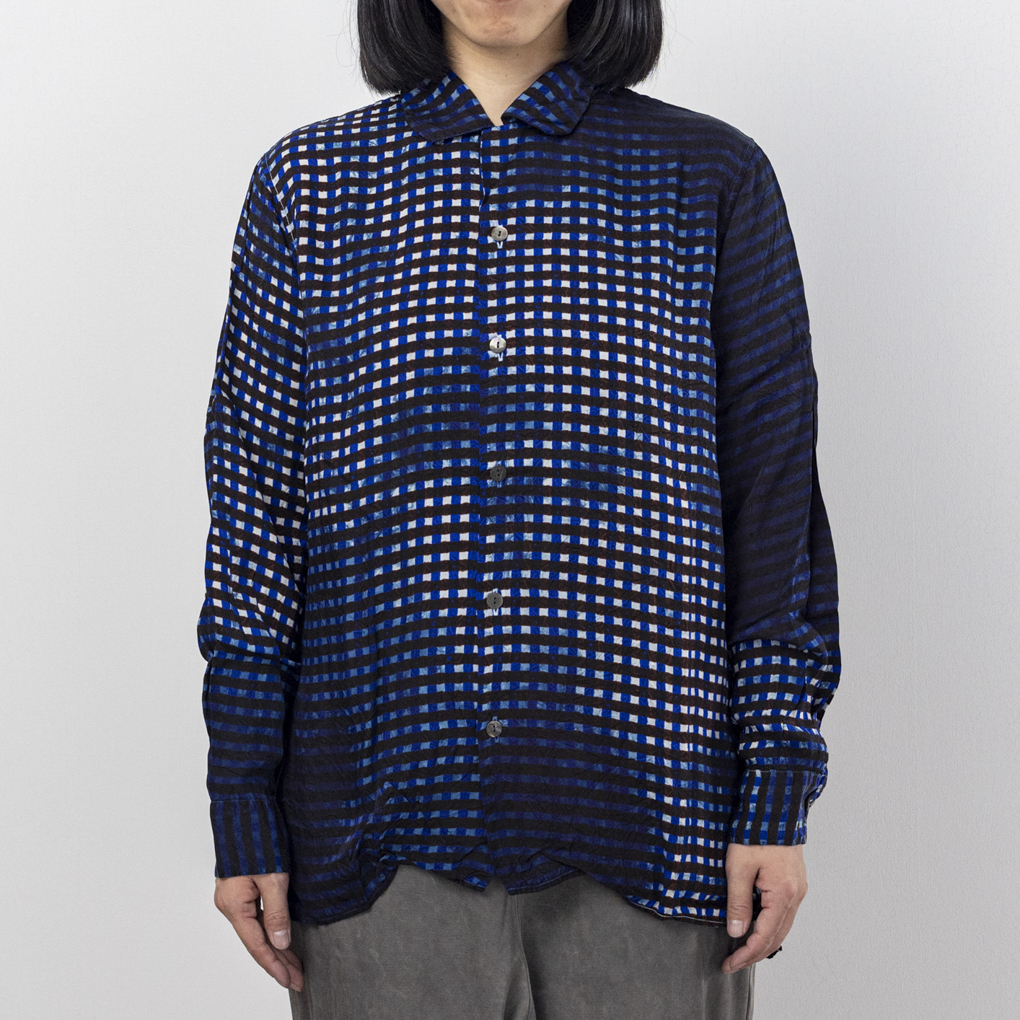 キュプラチェックオープンカラーシャツ 藍ムラ染｜宝島染工 公式通販・オンラインショップ