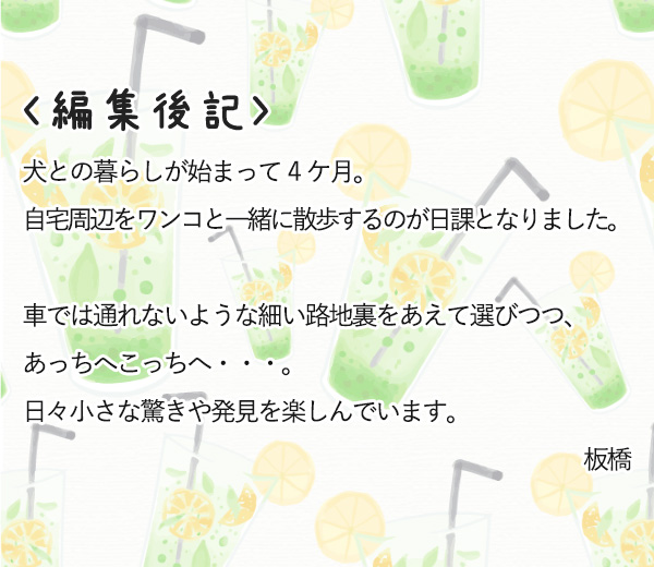 ＜編集後記＞犬との暮らしが始まって 4 ケ月。自宅周辺をワンコと一緒に散歩するのが日課となりました。車では通れないような細い路地裏をあえて選びつつ、あっちへこっちへ・・・。日々小さな驚きや発見を楽しんでいます。板橋