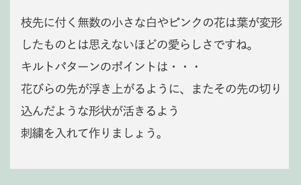 枝先に付く無数の小さな白やピンクの花は葉が変形したものとは思えないほどの愛らしさですね。キルトパターンのポイントは・・・花びらの先が浮き上がるように、またその先の切り込んだような形状が活きるよう刺繍を入れて作りましょう。