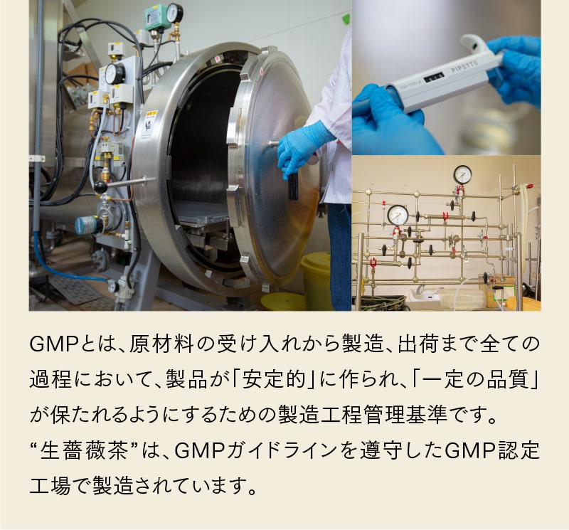 GMPとは、原材料の受け入れから製造、出荷まで全ての過程において、製品が「安定的」に作られ、「一定の品質」 が保たれるようにするための製造工程管理基準です。“生薔薇茶”は、GMPガイドラインを遵守したGMP認定工場で製造されています。